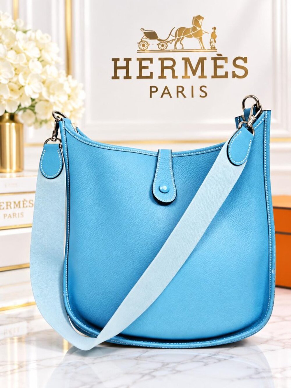 Authentic Hermès Evelyne Blue Leather Shoulder Crossbody Bag Palladium Hardware